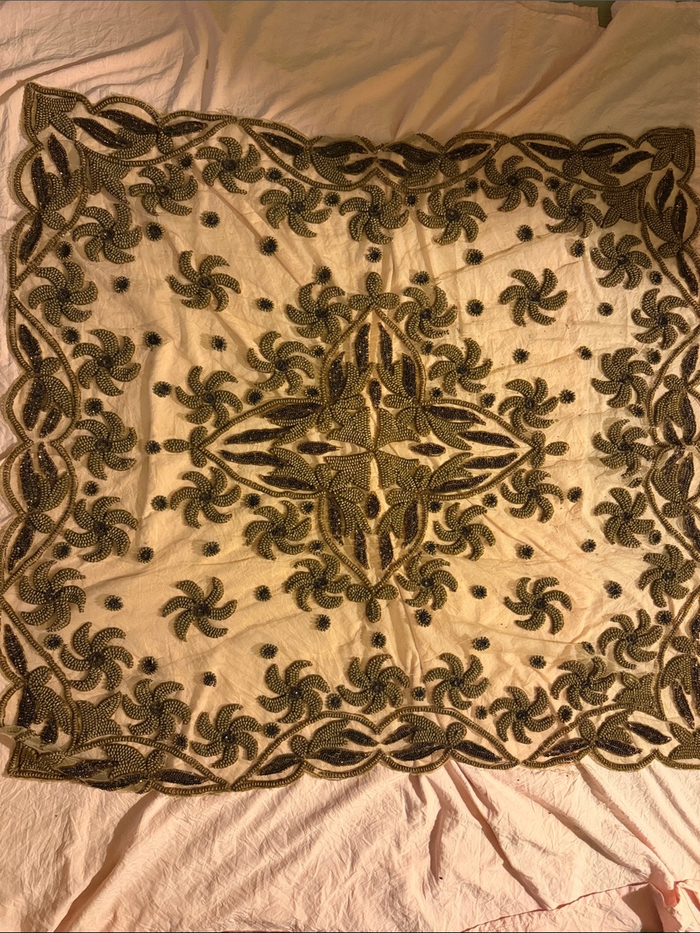 Embellished Cream gold Tablecloth with Beadwork used